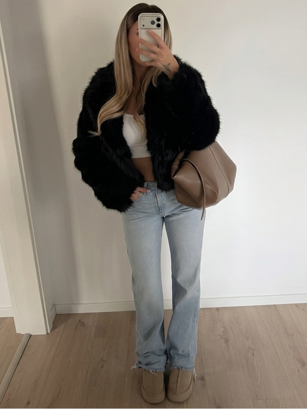 Black Faux Fur Cropped Jacket - Women